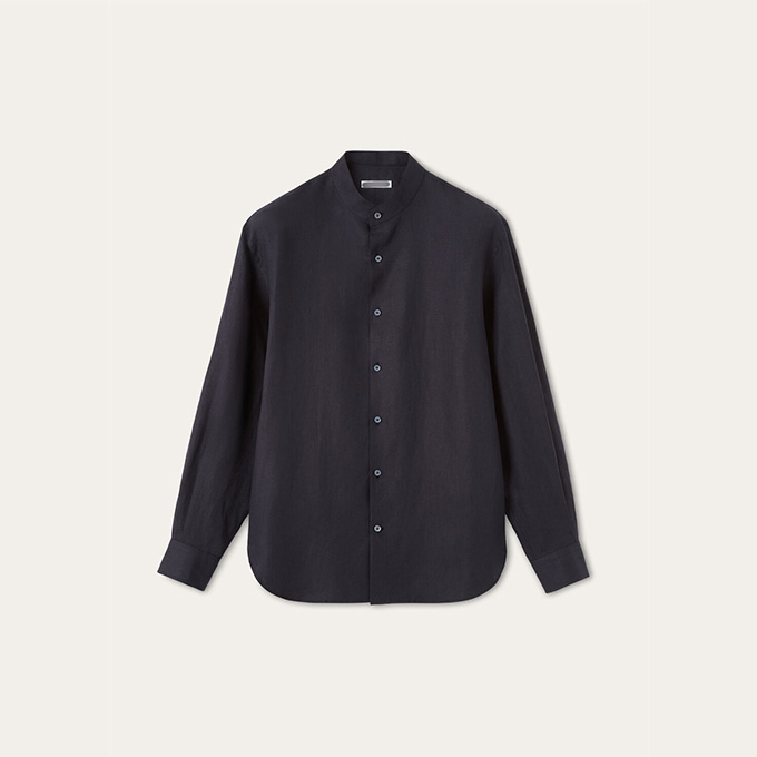 loro piana mandarin collar linen long‑sleeve shirt